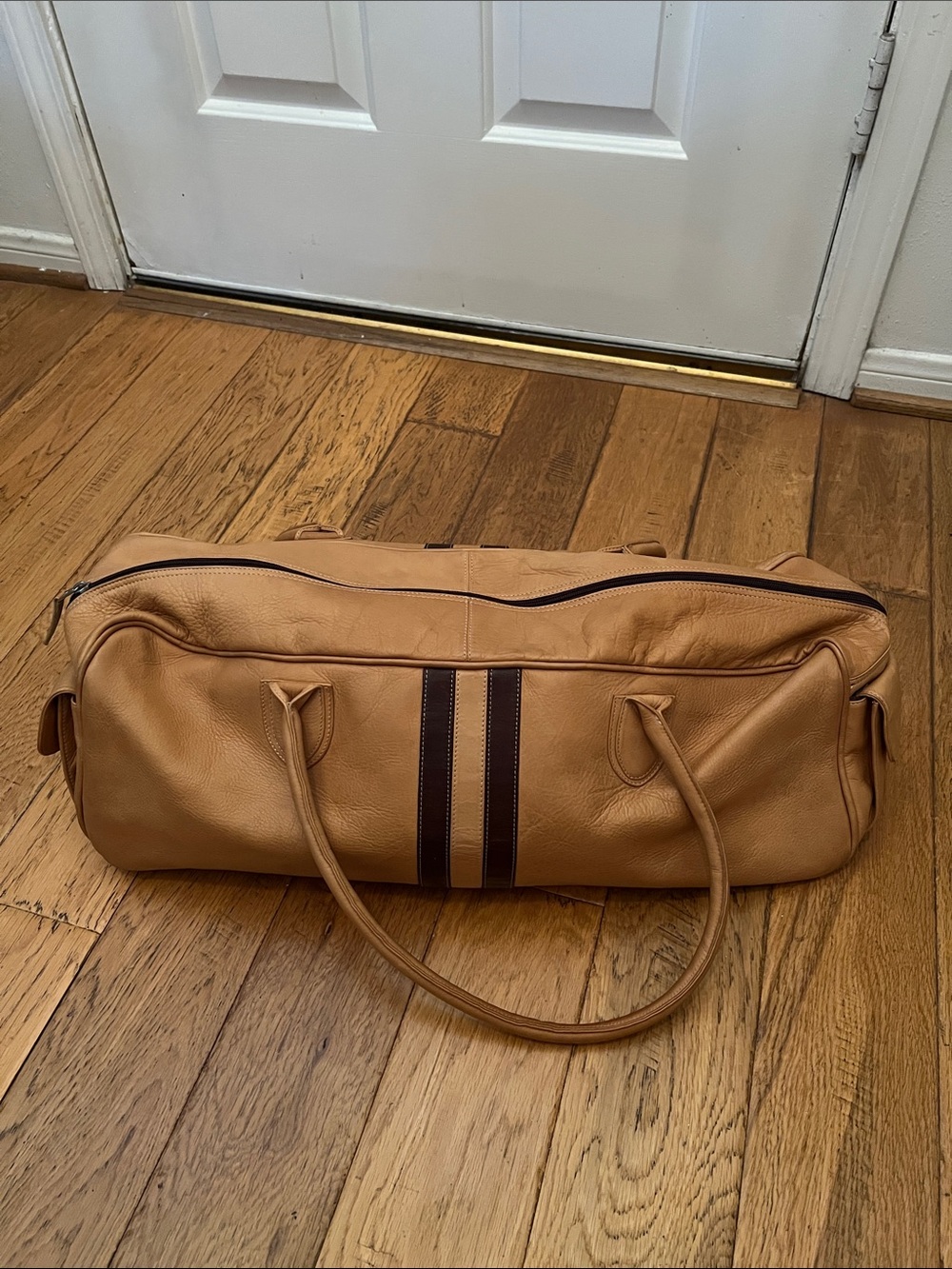LATICO NJ USA - Men's Tan genuine Leather Weekend Duffel Bag with Brown Stripe